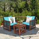 3 pcs Patio Wicker Furniture Sofa Set with Wooden Frame and Cushion-Turquoise