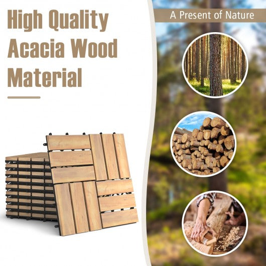 10 Pieces 12" x 12" Acacia Wood  Interlocking Check Deck Tiles