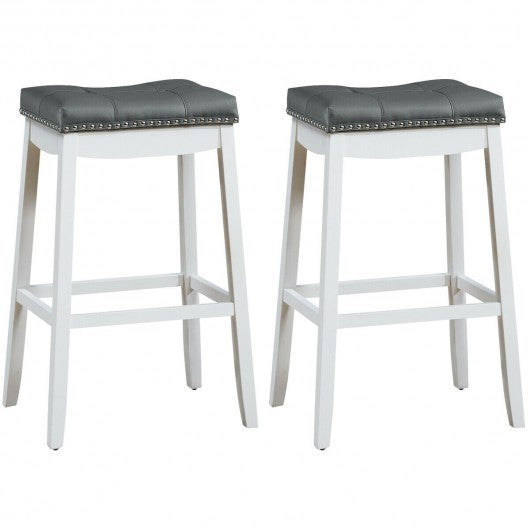 29”Set of 2 Nailhead Saddle Bar Stools-White