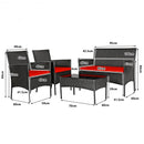 4 Pcs Patio Rattan Cushioned Sofa Furniture Set with Tempered Glass Coffee Table-Red