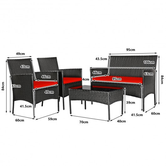 4 Pcs Patio Rattan Cushioned Sofa Furniture Set with Tempered Glass Coffee Table-Red