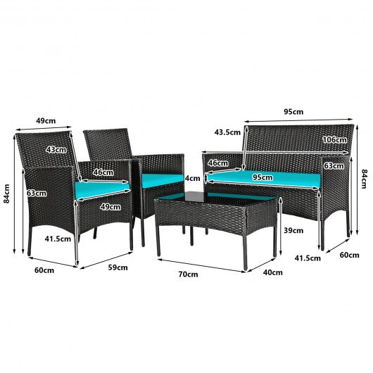 4 Pcs Patio Rattan Cushioned Sofa Furniture Set with Tempered Glass Coffee Table-Turquoise