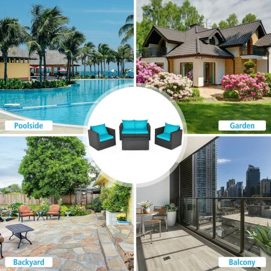 4Pcs Patio Rattan Cushioned Furniture Set-Turquoise