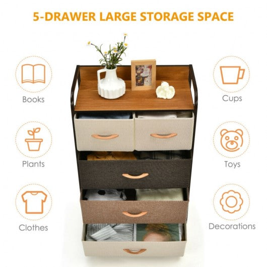 4-Tier Organizer Tower Steel Frame Wooden Top Storage with 5-Drawer Dresser