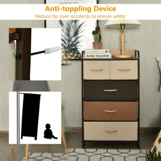 4-Tier Organizer Tower Steel Frame Wooden Top Storage with 5-Drawer Dresser