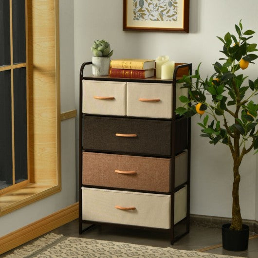 4-Tier Organizer Tower Steel Frame Wooden Top Storage with 5-Drawer Dresser