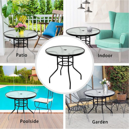 32" Patio Tempered Glass Steel Frame Round Table with Convenient Umbrella Hole