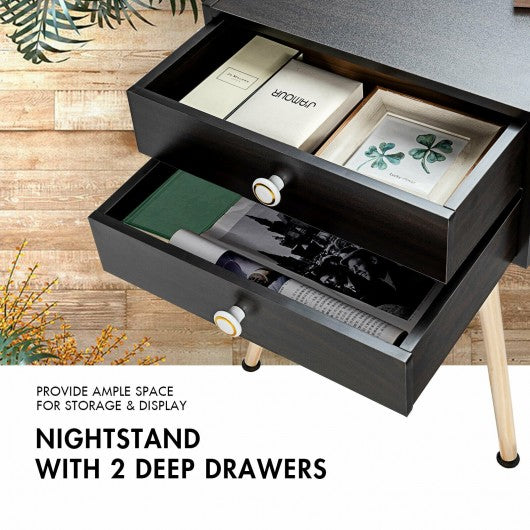 Mid Century Modern 2 Drawers Nightstand in Natural-Coffee