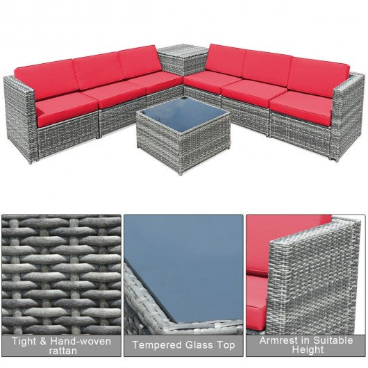 8 Piece Wicker Sofa Rattan Dinning Set Patio Furniture with Storage Table-Red