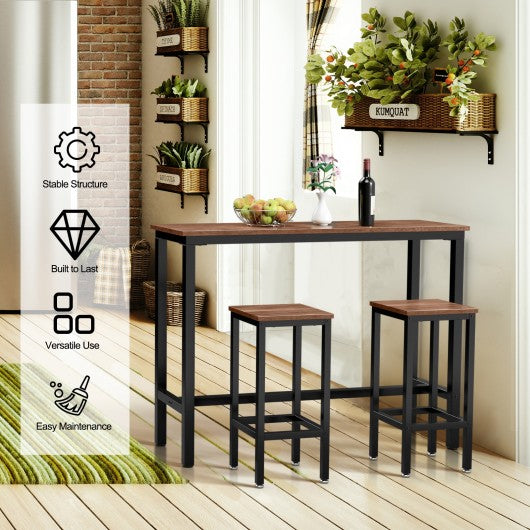 3 Pieces Bar Table Counter Breakfast Bar Dining Table with Stools-Brown