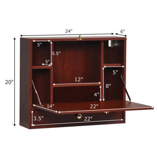 Wall Mounted Folding Laptop Desk Hideaway Storage with Drawer-Brown