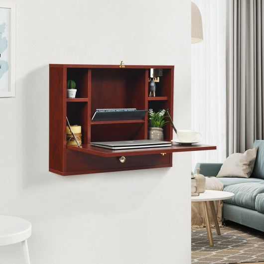 Wall Mounted Folding Laptop Desk Hideaway Storage with Drawer-Brown