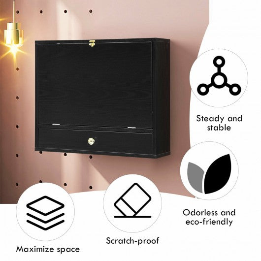 Wall Mounted Folding Laptop Desk Hideaway Storage with Drawer-Black