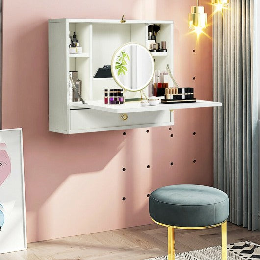 Wall Mounted Folding Laptop Desk Hideaway Storage with Drawer-White
