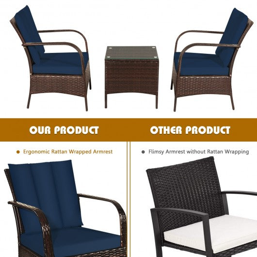 3 Pcs Patio Conversation Rattan Furniture Set with Glass Top Coffee Table and Cushions-Navy