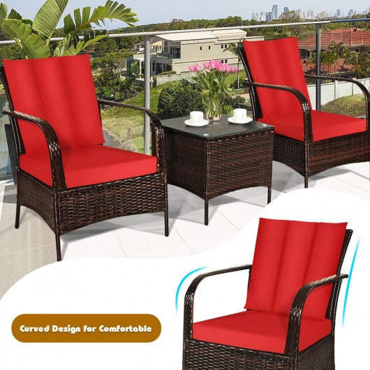 3 Pcs Patio Conversation Rattan Furniture Set with Glass Top Coffee Table and Cushions-Red