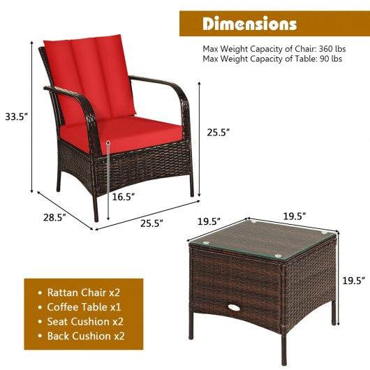 3 Pcs Patio Conversation Rattan Furniture Set with Glass Top Coffee Table and Cushions-Red