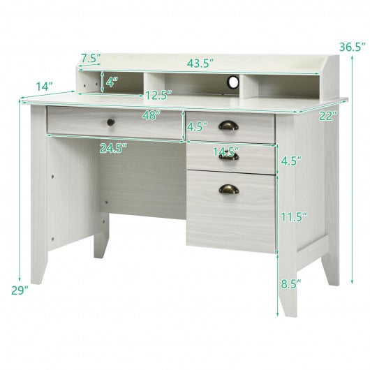 Vintage Computer Desk with Storage Shelves and 4 Drawers-White