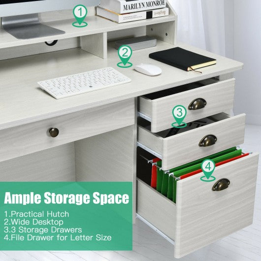 Vintage Computer Desk with Storage Shelves and 4 Drawers-White