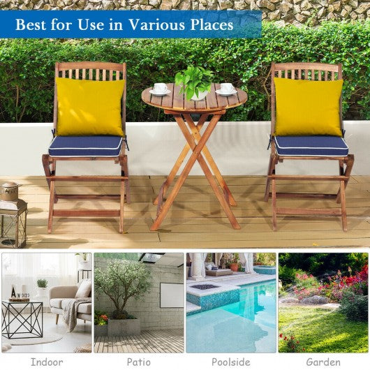 3PCS Patio Folding Wooden Bistro Set Cushioned Chair -Navy