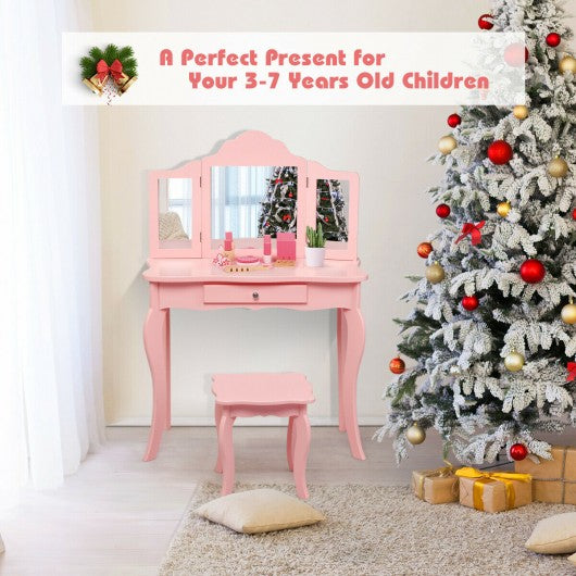 Kids Makeup Dressing Mirror Vanity Table Stool Set-Pink