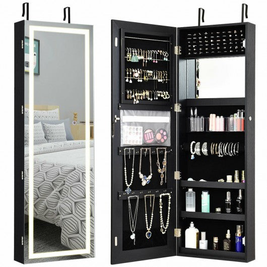 Door Wall Mount Touch Screen Mirrored Jewelry Cabinet-Black