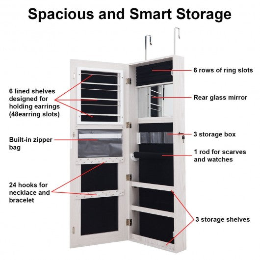 Door Wall Mount Touch Screen Mirrored Jewelry Cabinet-White