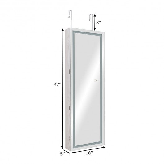 Door Wall Mount Touch Screen Mirrored Jewelry Cabinet-White