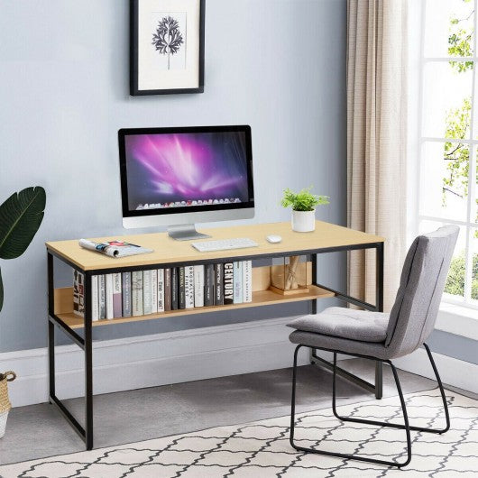 55" Computer Desk Writing Table Workstation Home Office with Bookshelf-Natural