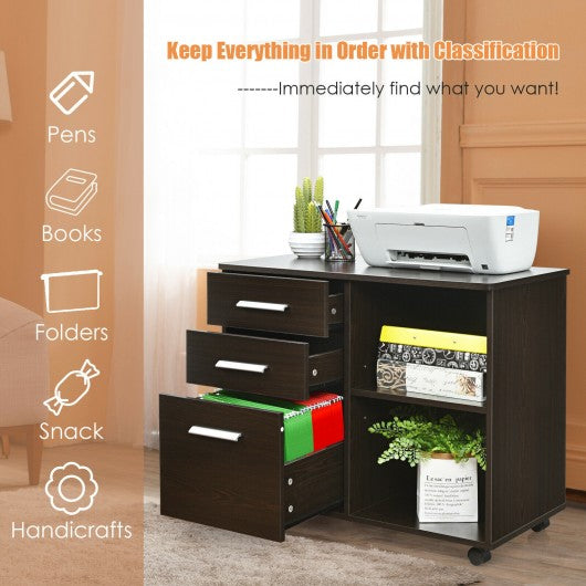 3-Drawer Mobile Lateral File Cabinet Printer Stand-Espresso