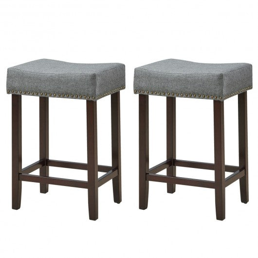 2 pcs Nailhead Saddle Bar Stools with Fabric Seat & Wood Legs-Gray