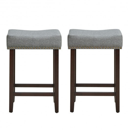 2 pcs Nailhead Saddle Bar Stools with Fabric Seat & Wood Legs-Gray