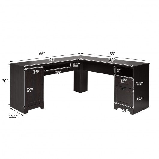 66 Inch L-Shaped Writing Study Workstation Computer Desk with Drawers-Coffee