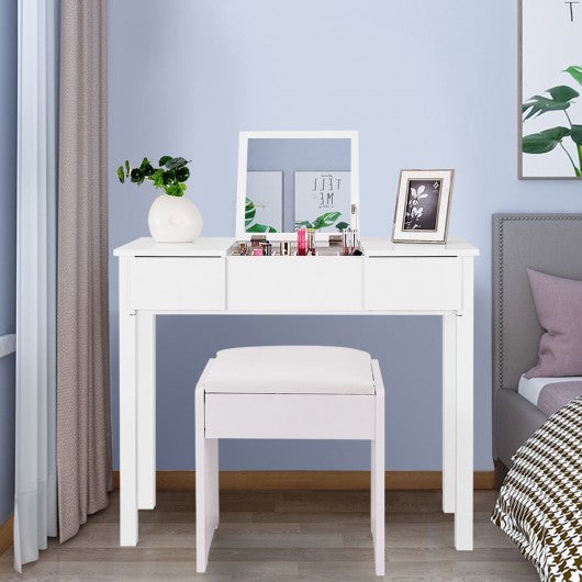 Black - White Vanity Makeup Dressing Table Writing Desk Set with Flip Top Mirror and Cushioned Stool-White