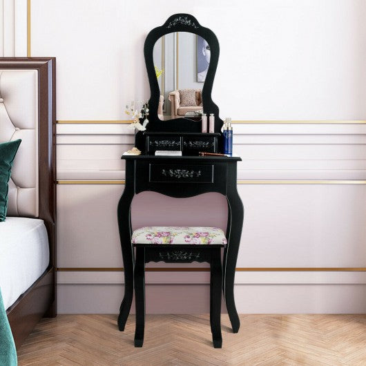 Makeup Dressing Table and Bench 3 Drawers and Cushioned Stool for Girls-Black