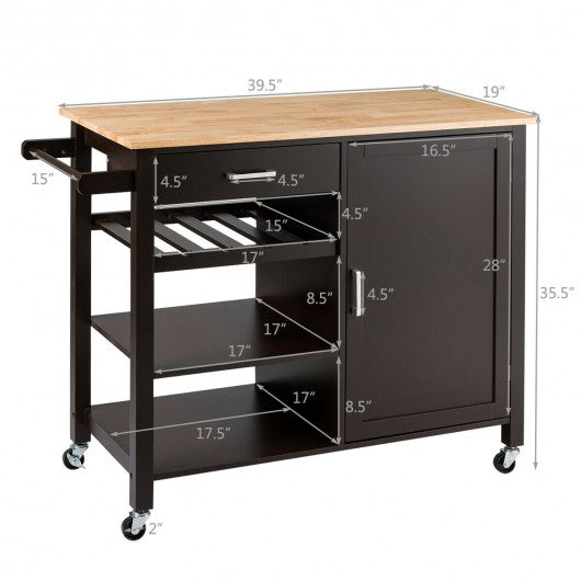 Kitchen Island Cart Rolling Serving Cart Wood Trolley-Brown