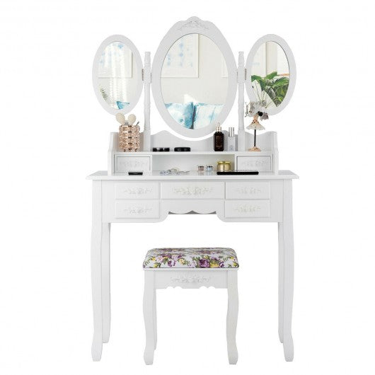 7 Drawer Tri-Folding Mirror Dressing Vanity Makeup Set-White