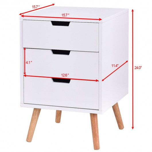 White Wood Side End Table Nightstand W-3 Drawers Mid-Century Accent