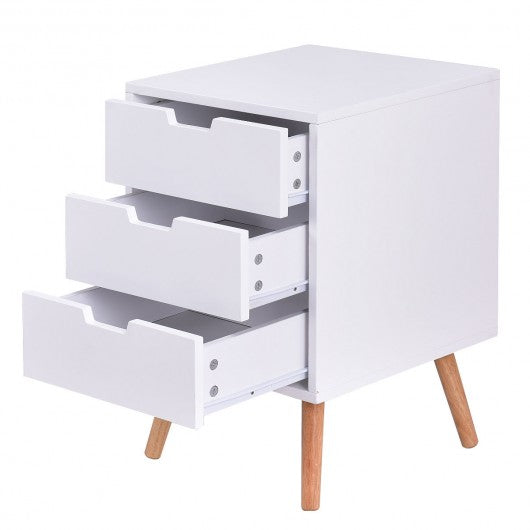 White Wood Side End Table Nightstand W-3 Drawers Mid-Century Accent