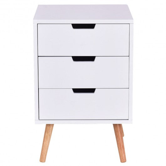 White Wood Side End Table Nightstand W-3 Drawers Mid-Century Accent