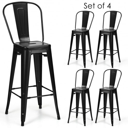 30" Height Set of 4 High Back Metal Industrial Bar Stools-Black