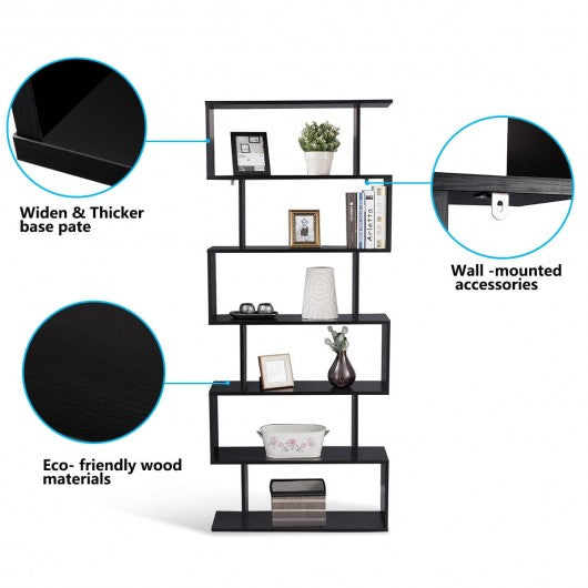 6-Tier S-Shaped Bookcase Z-Shelf Style Storage Bookshelf-Black