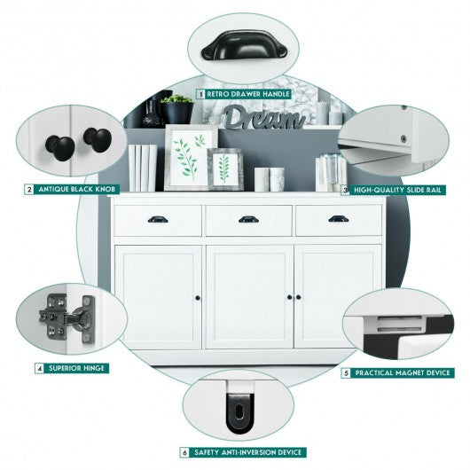 3 Drawers Sideboard Buffet Storage with Adjustable Shelves-White