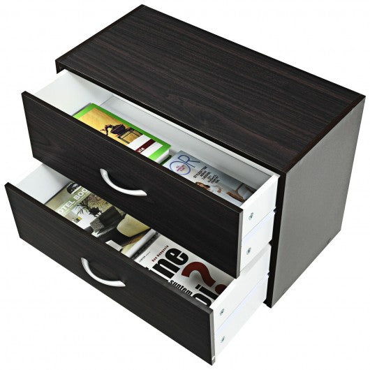 2-Drawer Stackable Horizontal Storage Cabinet Dresser Chest with Handles-Espresso