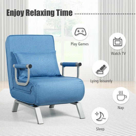 Folding 5 Position Convertible Sleeper Bed Armchair Lounge Couch with Pillow-Blue