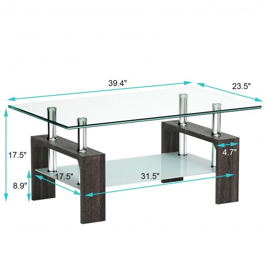 Rectangular Tempered Glass Coffee Table with Shelf-Brown