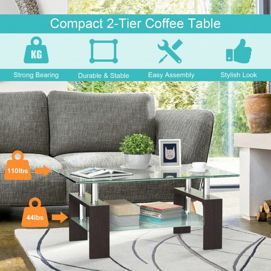 Rectangular Tempered Glass Coffee Table with Shelf-Brown