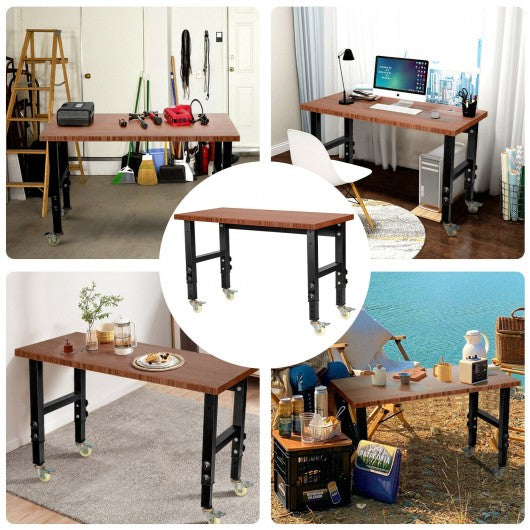 48"×24" Adjustable Height Mobile Workbench with Caster-Coffee