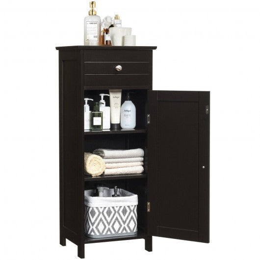 Wooden Storage Free-Standing Floor Cabinet with Drawer and Shelf-Brown