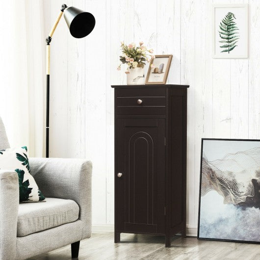 Wooden Storage Free-Standing Floor Cabinet with Drawer and Shelf-Brown